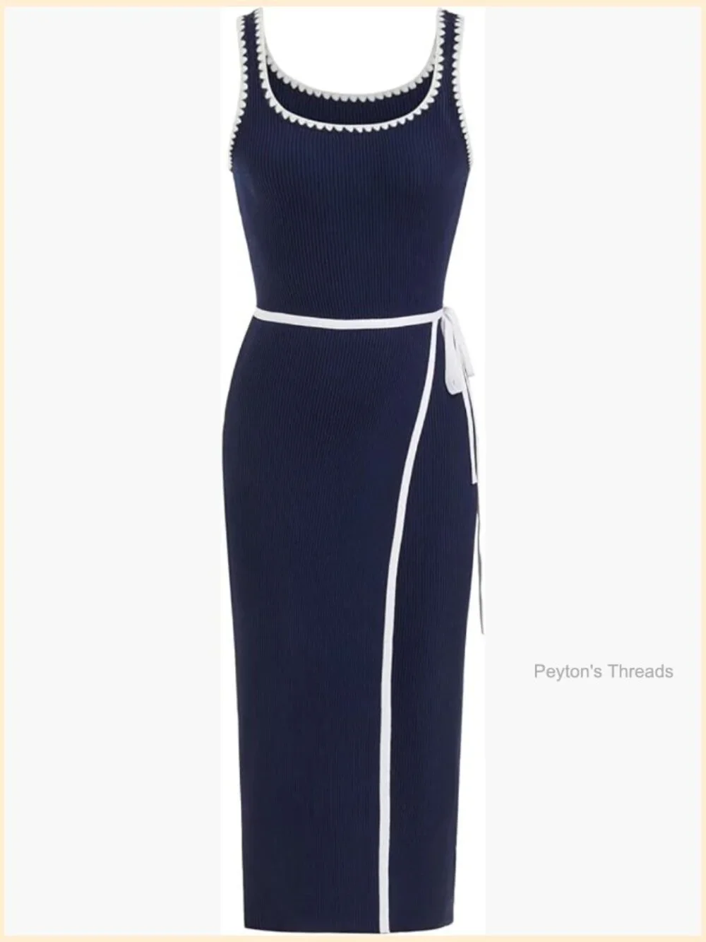 CIDER Women's Square Neck Ribbed Knit Midi Bodycon Dress with Tie Waist